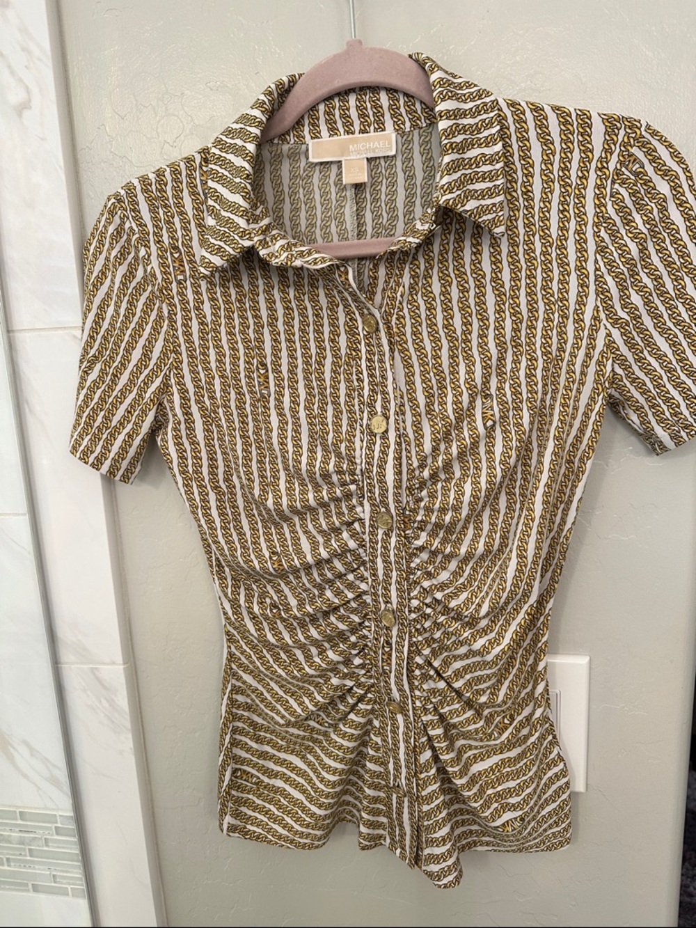 Michael Kors White and Gold Chain-Print Ruched Button Top